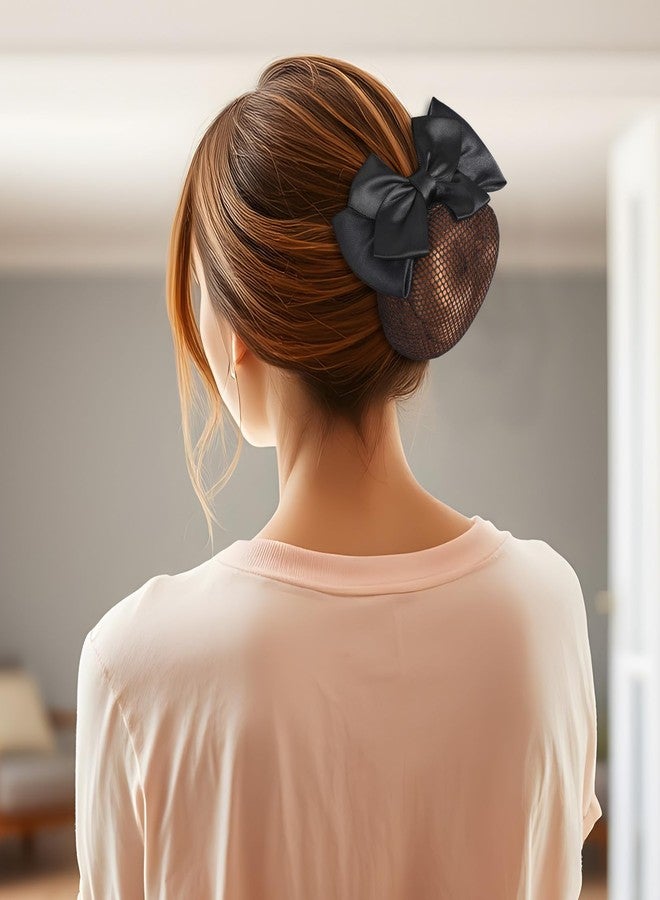 Aysatogc 2 Pieces Hair Snood Net, Women's Bun Cover Hairnet Satin Bow Barrette French Clips Ribbon Flower Hair Accessories for Stewardess Banks Hotels Restaurant Staff (Black) - Image 5